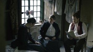 Deaf Victorians - drama reconstruction of Jane Groom (c) meeting with Amelia (l) and Skirving Thomson (r)
